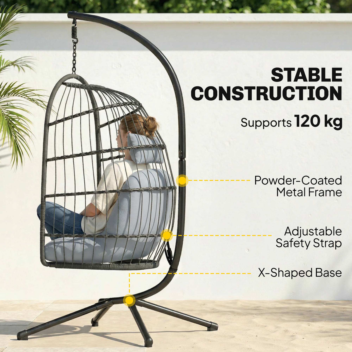 Hanging Egg Chair with Stand, Metal Frame and Adjustable Height, Dark Grey — product view 6