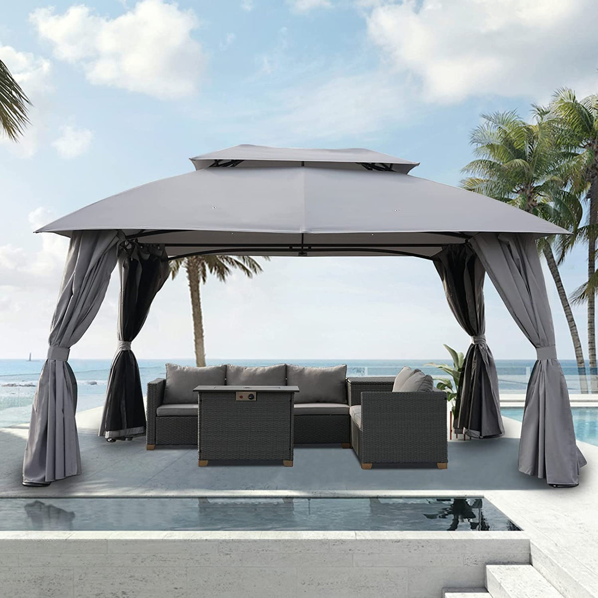 LOUNGE YARD 10x13 FT backyard gazebo Double Soft Top Canopy with Curtains and Netting for Patio — product view 1