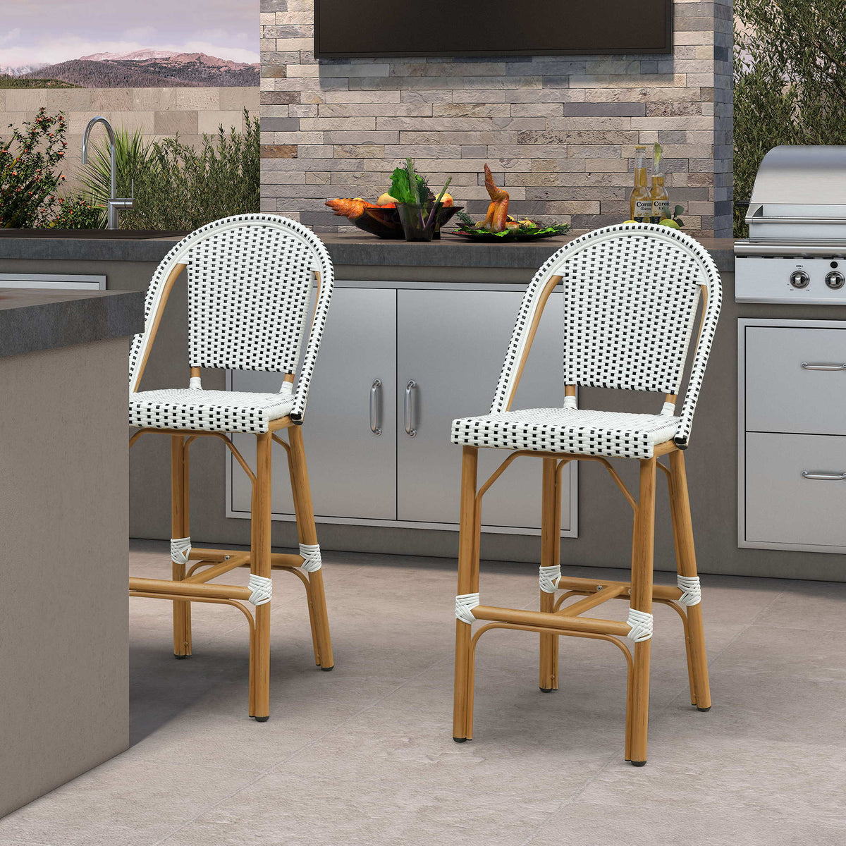 PURPLE LEAF Patio French Counter Stool Set of 2 Outdoor Backrest Barstools Aluminum Frame Woven Rattan for Indoor Kitchen Garden Balcony Restaurant — product view 3