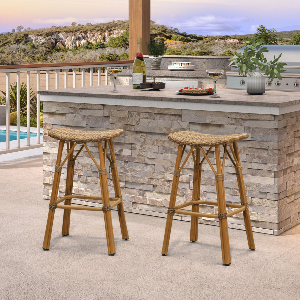 PURPLE LEAF Outdoor Bar Stools Set of 2 Backless Rattan Barstools with Saddle Seat and Footrest All Weather Aluminum Bar Chairs for Patio Kitchen Island Pool Balcony — product view 4
