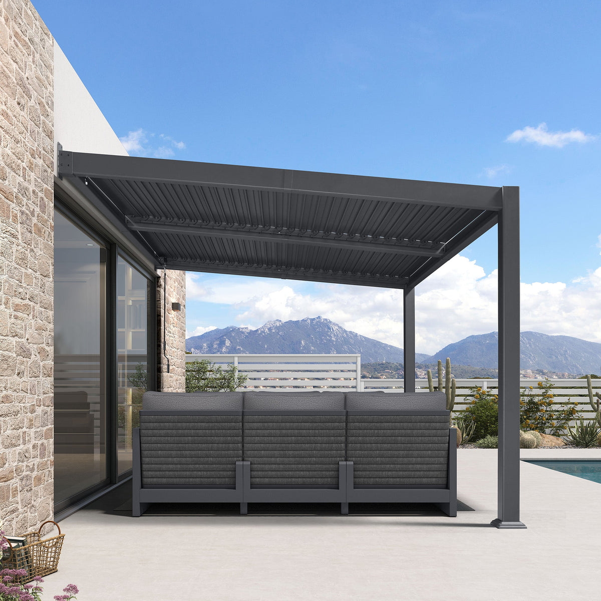 PURPLE LEAF Caesar Wall Mounted Louvered Pergola, All-Aluminum Patio Cover with Adjustable Roof, Hidden Gutter Drainage, Lean-to Pergola for Deck, Backyard, Porch, Dark Gray — product view 4