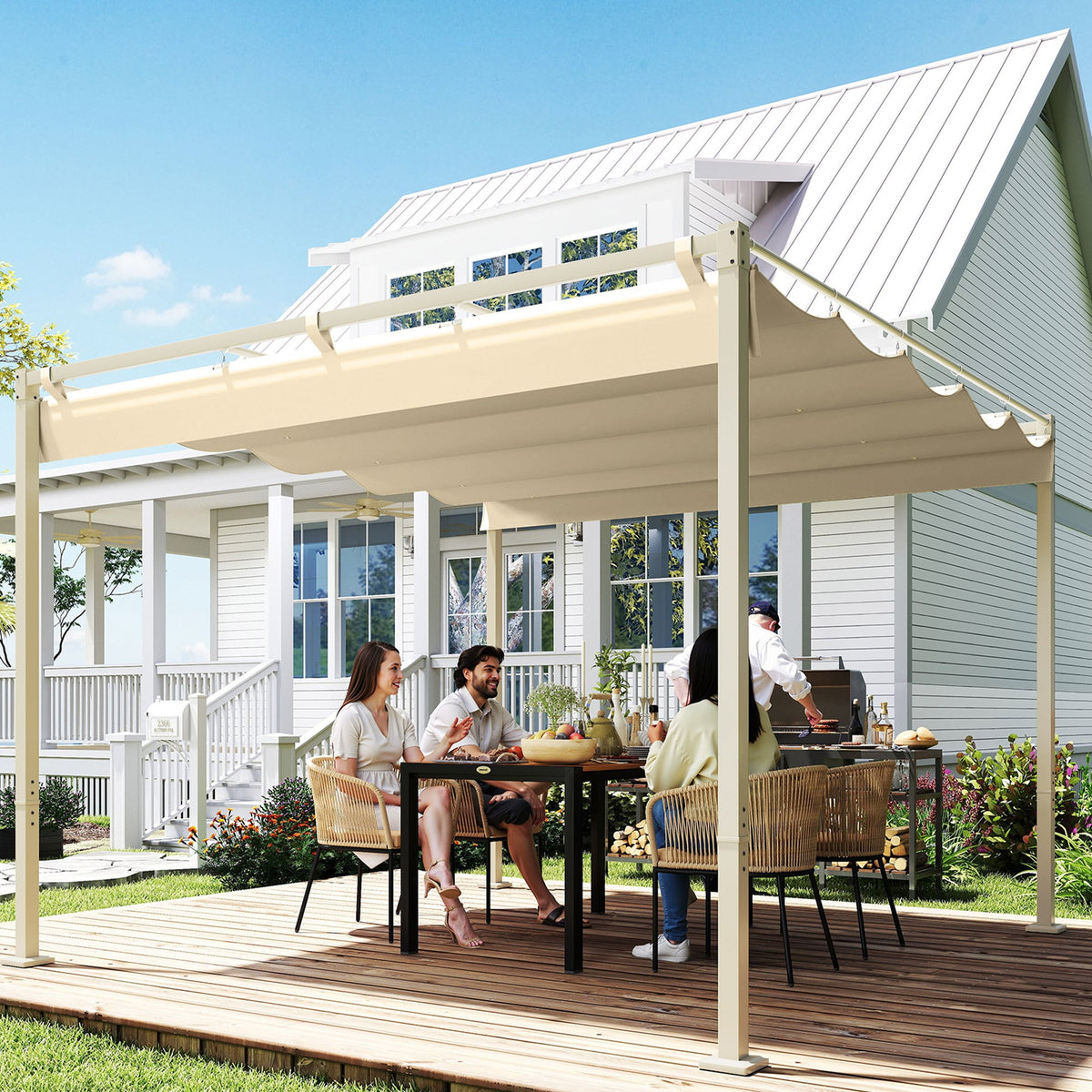 3 x 3m Garden Pergola with Retractable Roof & Magnetic Fixing, Khaki — product view 4