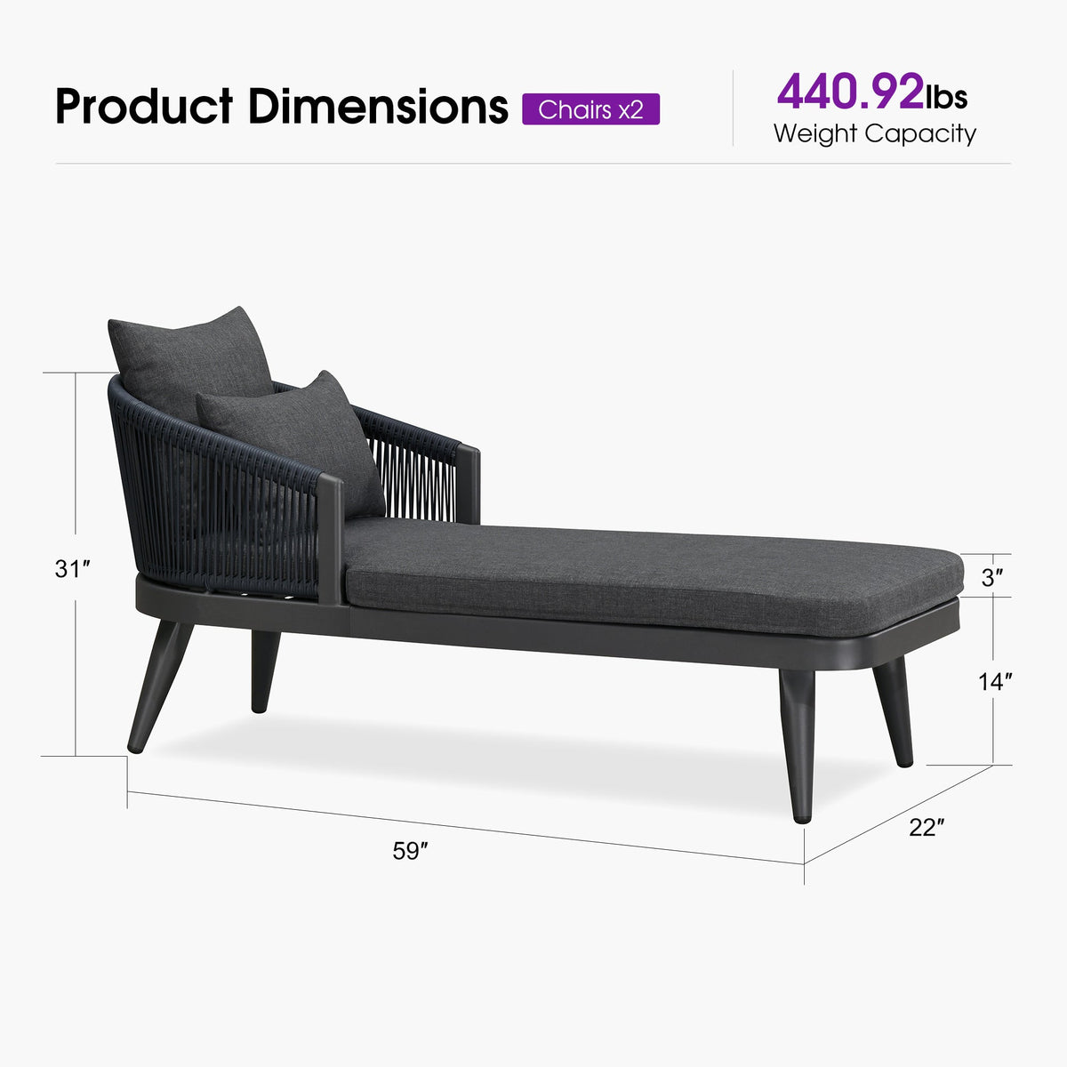 PURPLE LEAF Patio Chaise Lounge Elegant Aluminum Outdoor Lounge Chair with Pillow & Lumbar Support PE Rattan Backrest All Weather for Lawn Beach Backyard — product view 5