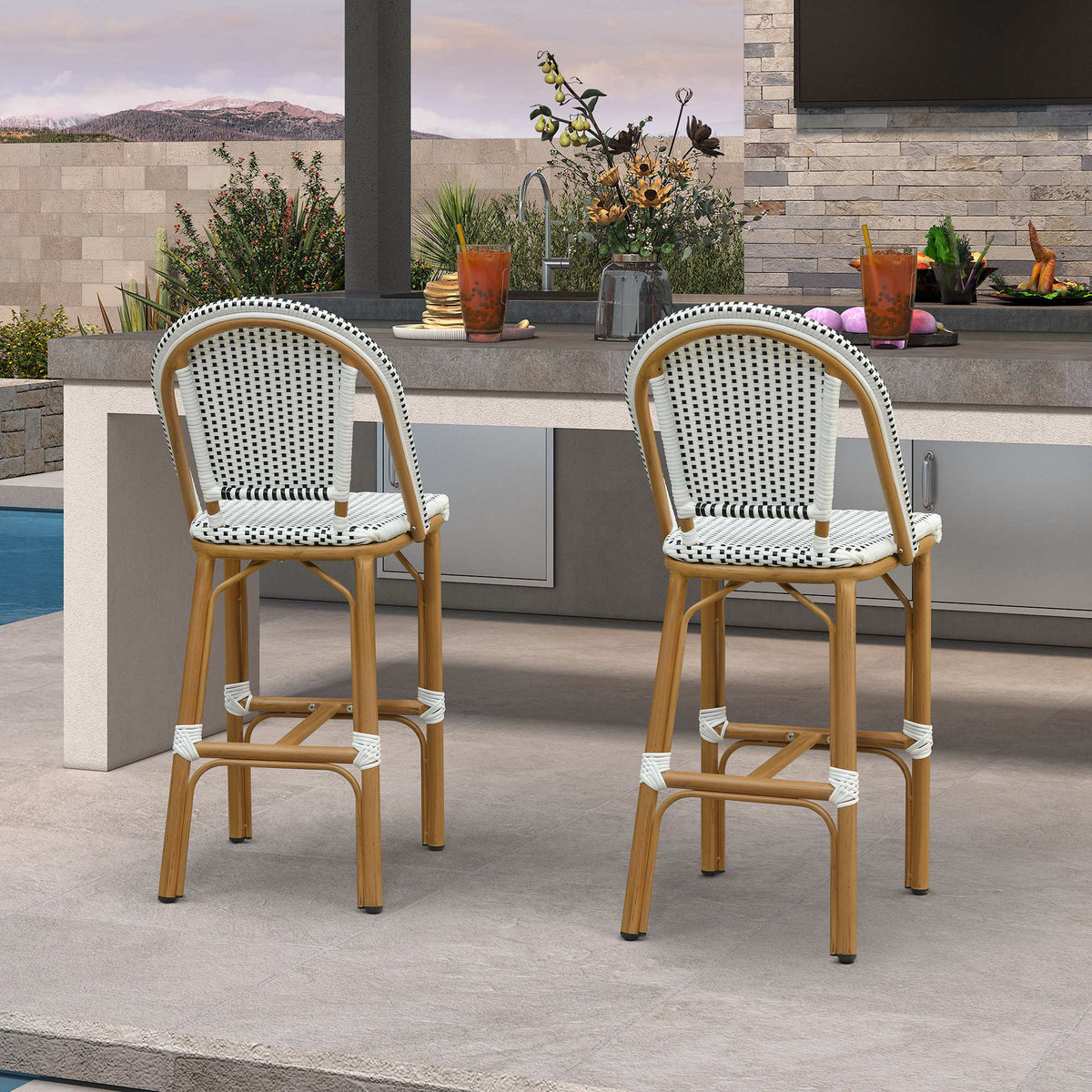 PURPLE LEAF Patio French Counter Stool Set of 2 Outdoor Backrest Barstools Aluminum Frame Woven Rattan for Indoor Kitchen Garden Balcony Restaurant — product view 5