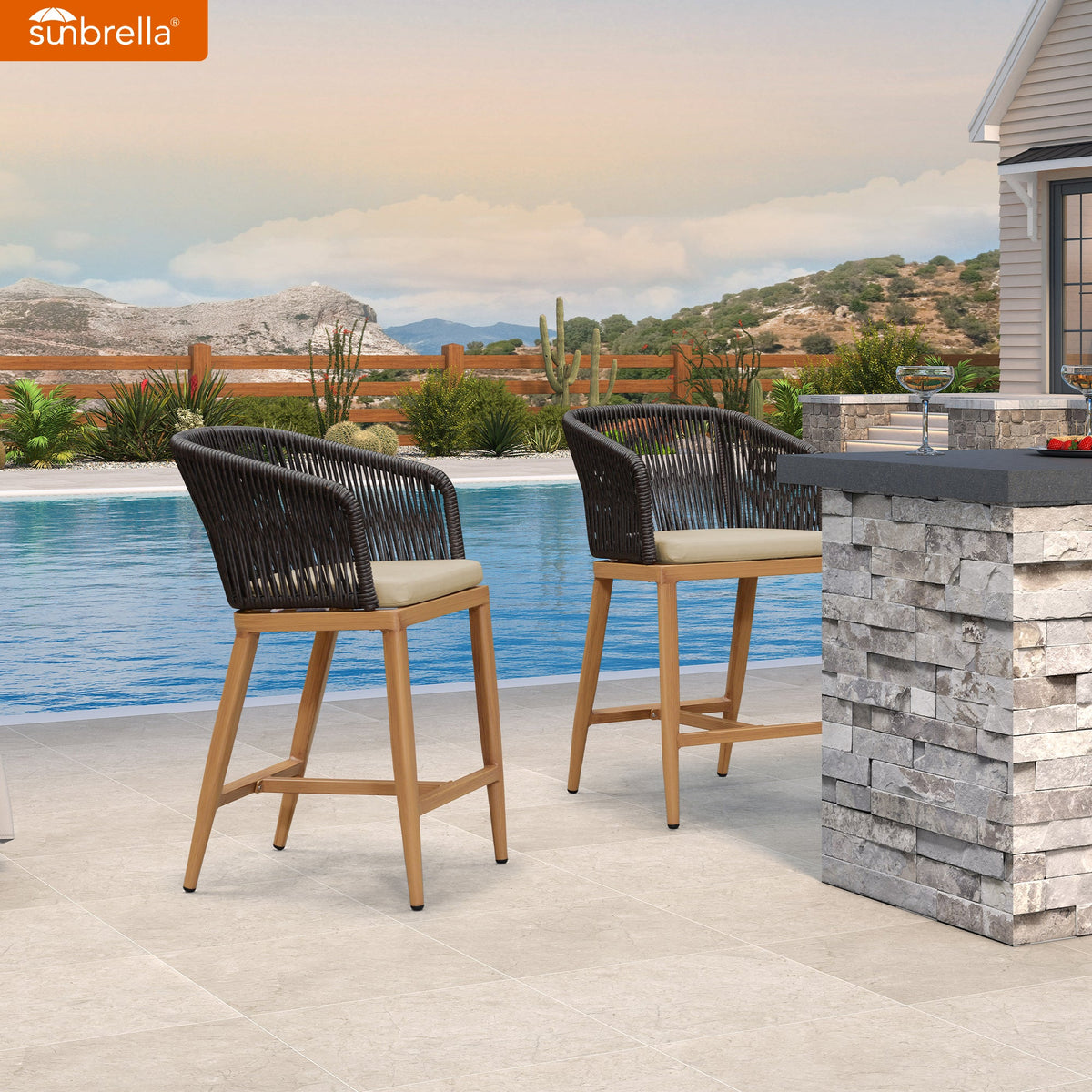 PURPLE LEAF Sunbrella Counter Height Outdoor Bar Stool , Teak — product view 1