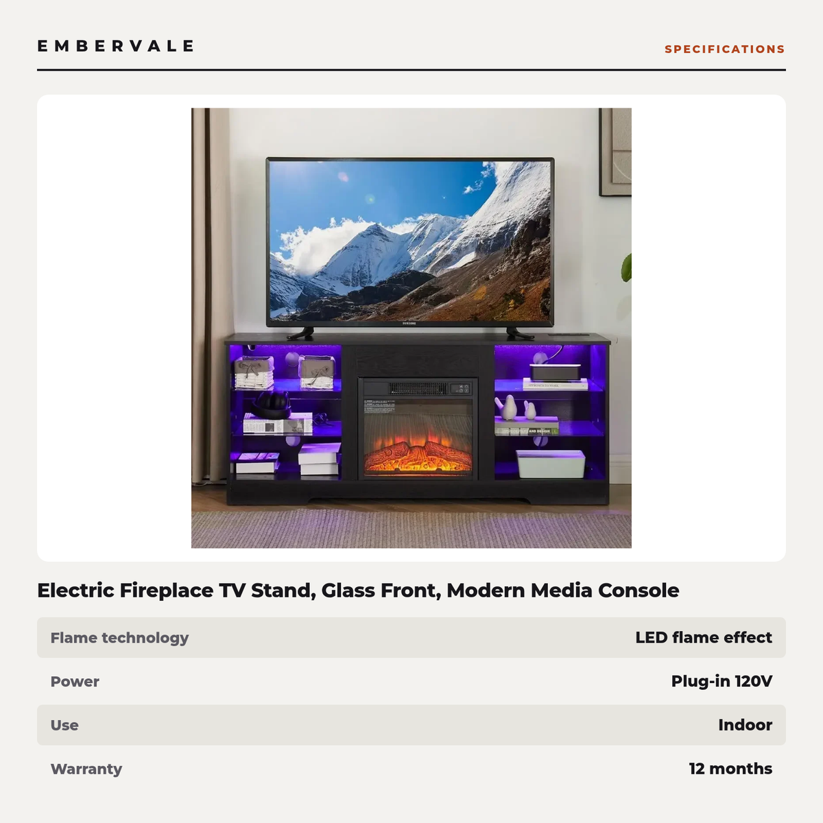 Electric Fireplace TV Stand, Glass Front, Modern Media Console Entertainment Center, Adjustable LED Flame for Living Rooms — product view 3
