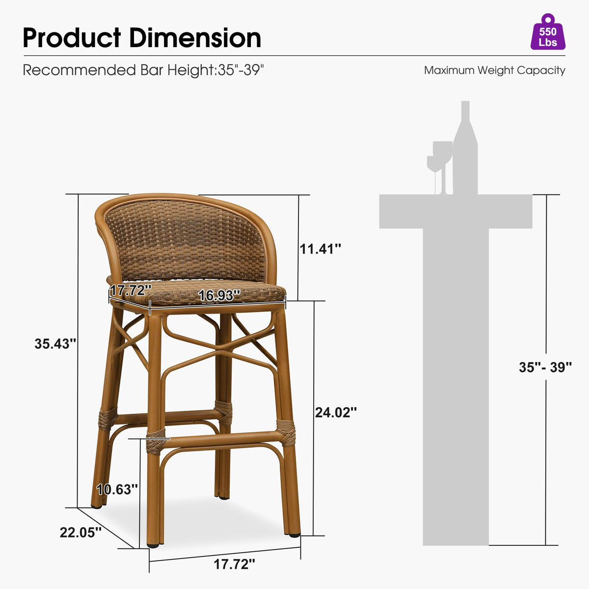 PURPLE LEAF Outdoor Bar Stools Set of 2 Rattan Patio Tall Bar Chairs Aluminum Frame with Back Barstools for Kitchen Garden Backyard Bistros Restaurant — product view 4
