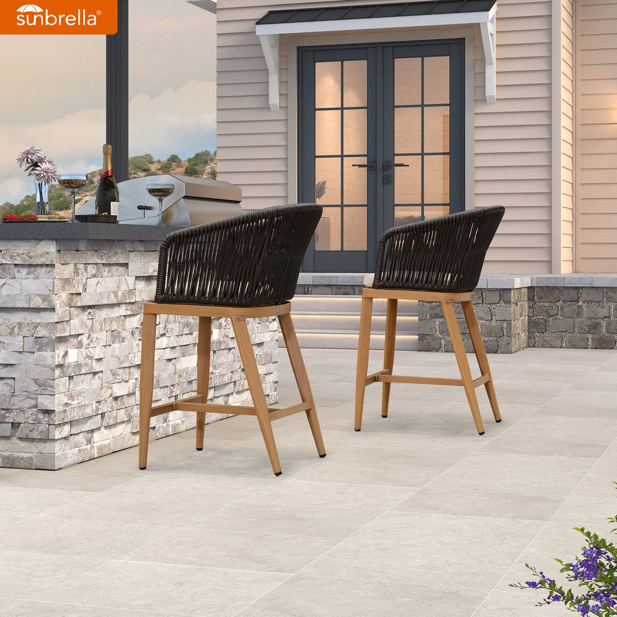 PURPLE LEAF Sunbrella Counter Height Outdoor Bar Stool , Teak — product view 2