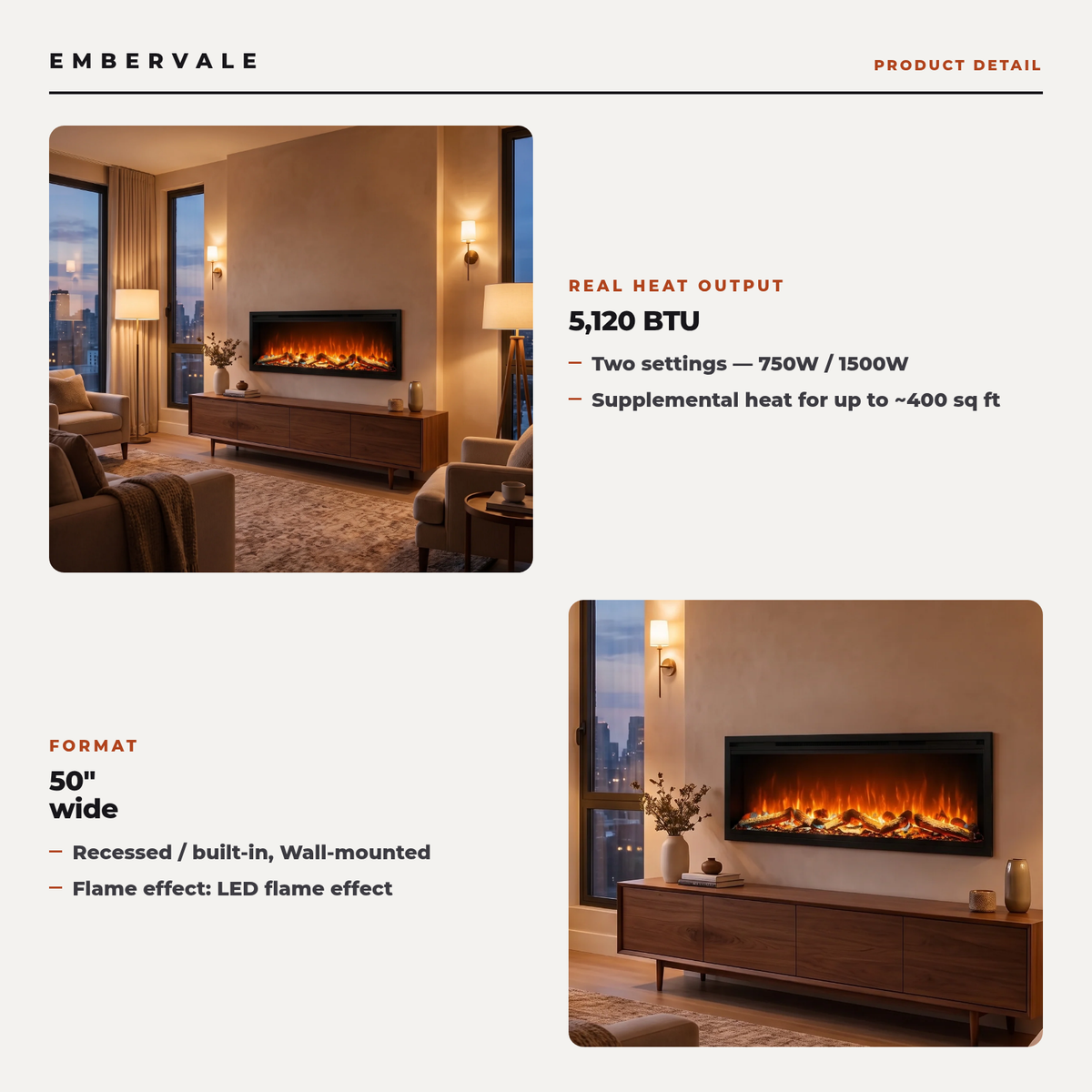 50 Inch Linear Electric Fireplace, Recessed & Wall Mounted Fireplace Heater with Crystal Log Set, Adjustable Flame Color, 750W/1500W, Timer & Remote — product view 3