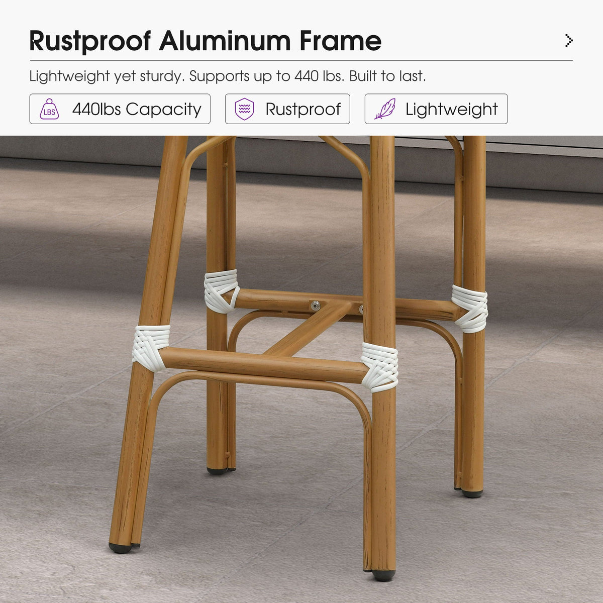 PURPLE LEAF Patio French Counter Stool Set of 2 Outdoor Backrest Barstools Aluminum Frame Woven Rattan for Indoor Kitchen Garden Balcony Restaurant — product view 7