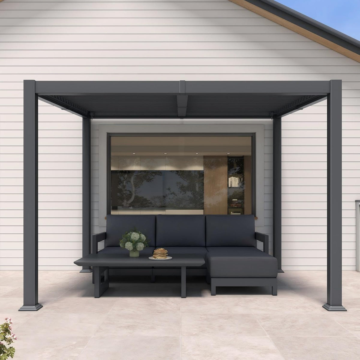 PURPLE LEAF Caesar Hardtop Louvered Pergola, Slanted Roof Outdoor Aluminum Patio Pergola with Adjustable Rainproof Roof, Heavy-Duty Lean to Gazebo for Patios Backyard Deck, Gray — product view 3