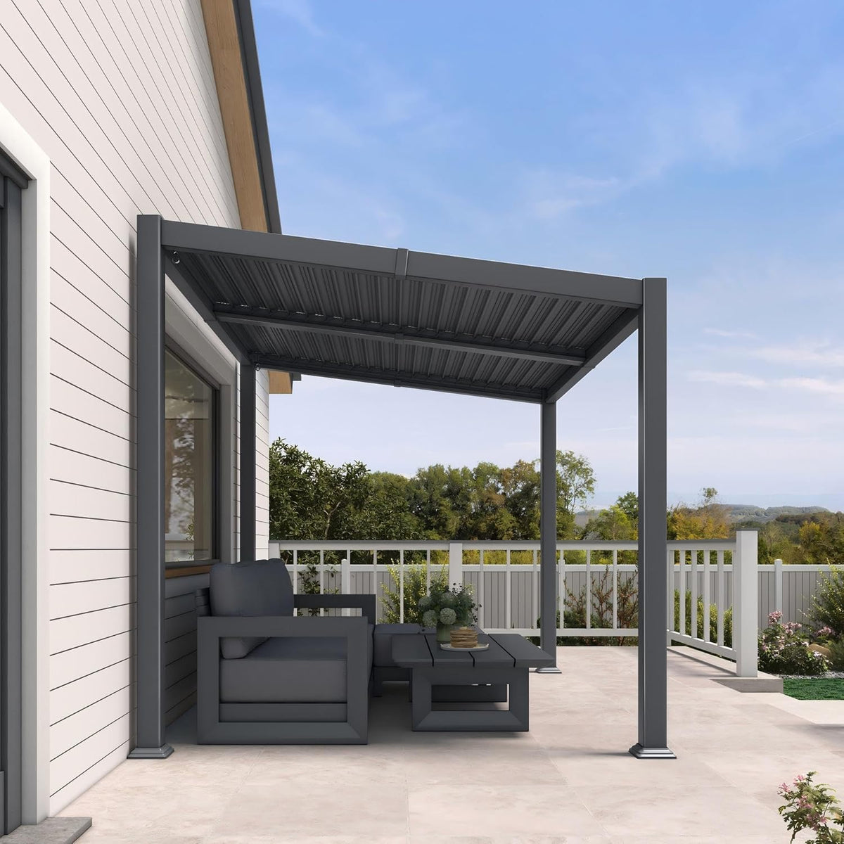 PURPLE LEAF Caesar Hardtop Louvered Pergola, Slanted Roof Outdoor Aluminum Patio Pergola with Adjustable Rainproof Roof, Heavy-Duty Lean to Gazebo for Patios Backyard Deck, Gray — product view 1