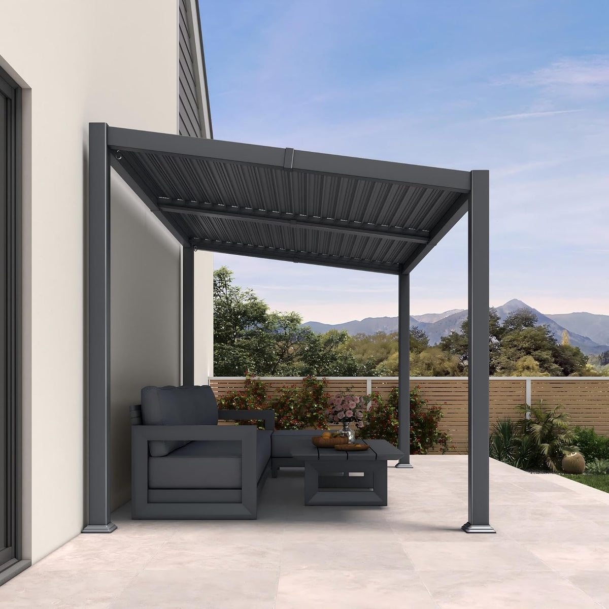 PURPLE LEAF Caesar Hardtop Louvered Pergola, Slanted Roof Outdoor Aluminum Patio Pergola with Adjustable Rainproof Roof, Heavy-Duty Lean to Gazebo for Patios Backyard Deck, Gray — product view 4