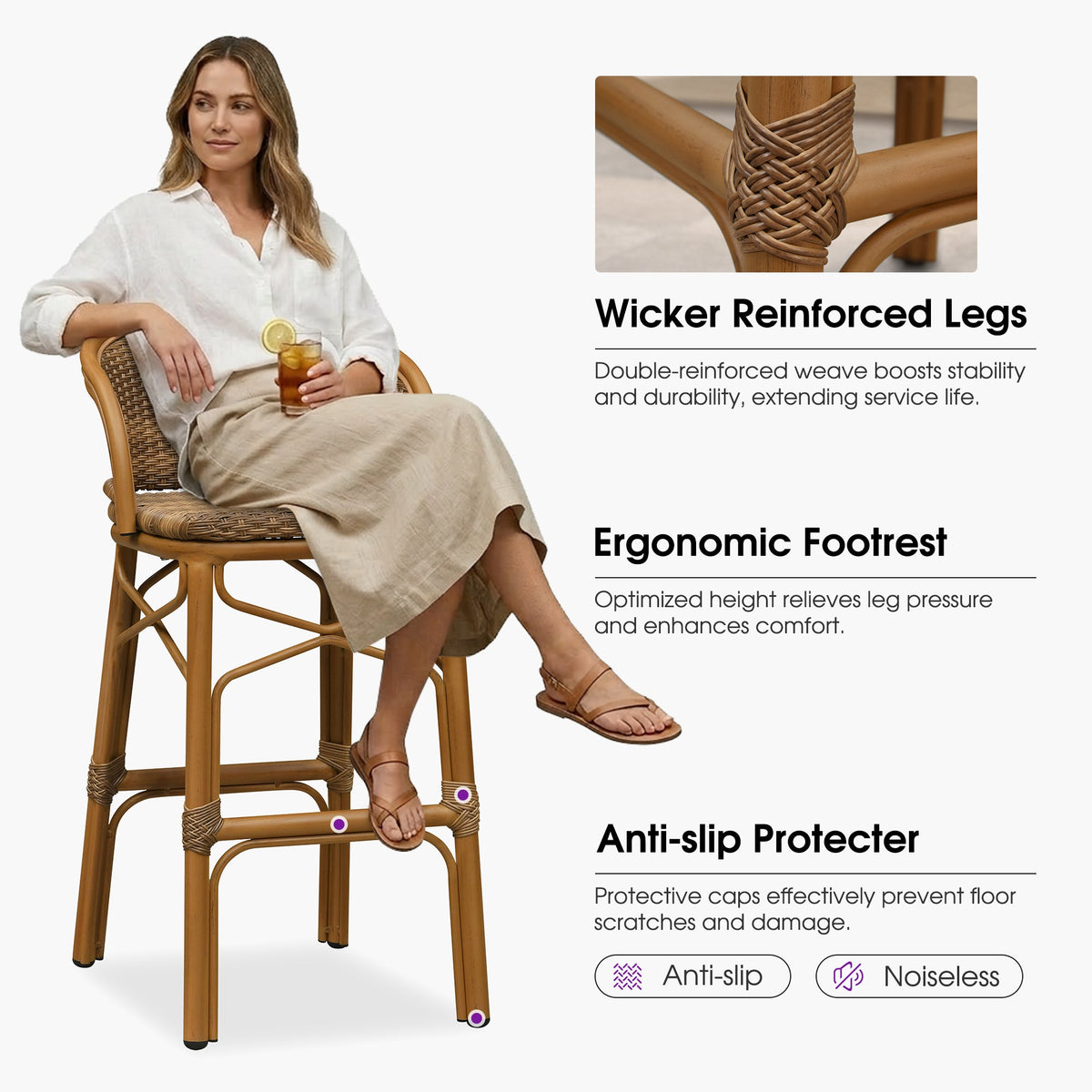 PURPLE LEAF Outdoor Bar Stools Set of 2 Rattan Patio Tall Bar Chairs Aluminum Frame with Back Barstools for Kitchen Garden Backyard Bistros Restaurant — product view 7