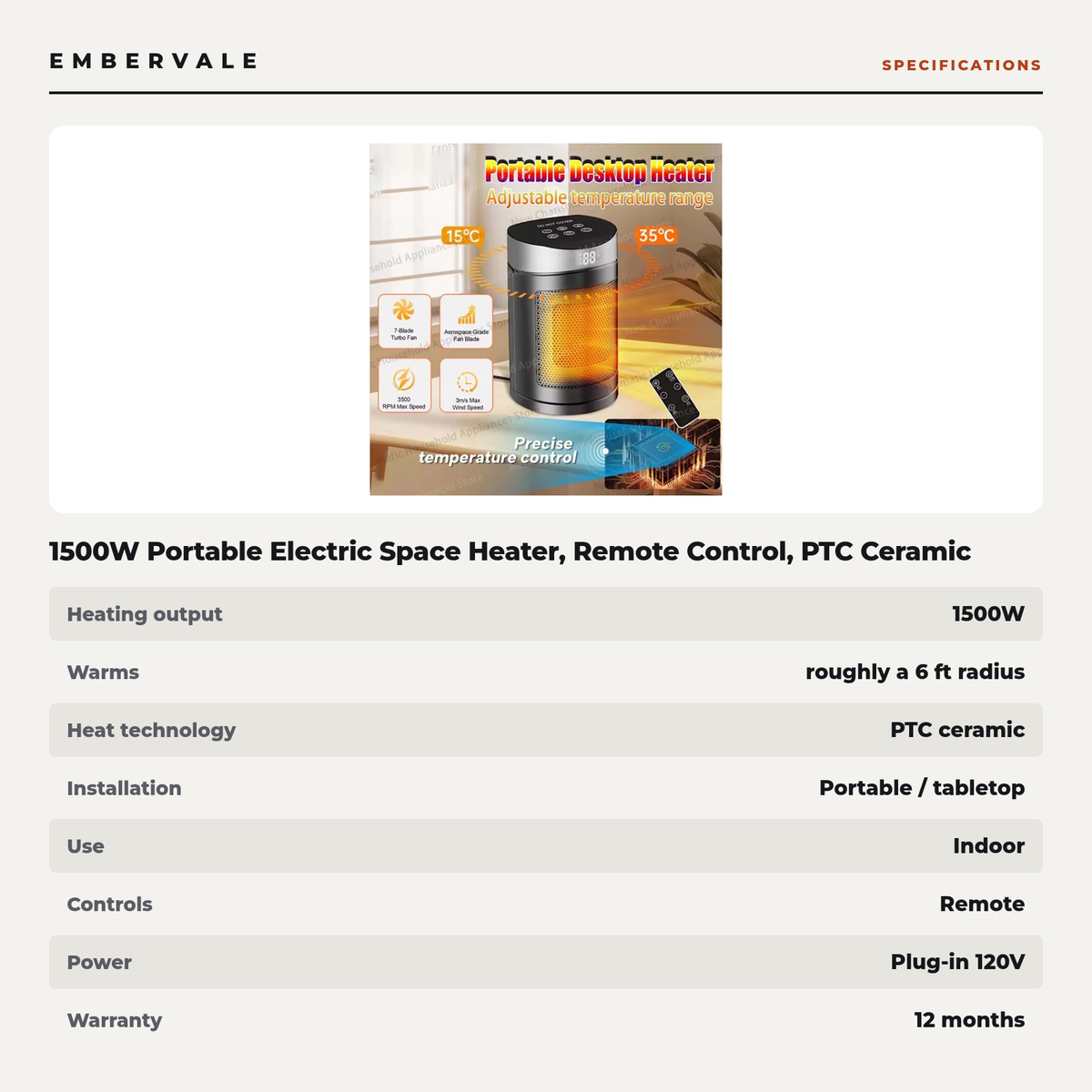 1500W Portable Electric Space Heater, Remote Control, PTC Ceramic Heating, Overheat Protection for Desks, Bedrooms and Home Offices — product view 4