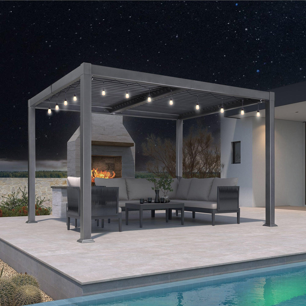 PURPLE LEAF Caesar Louvered Pergola with Milky String Lights Patio Aluminum Pergola with Independent Adjustable Rainproof Roof Hardtop Pergola for Outdoor Deck Garden Yard — product view 3