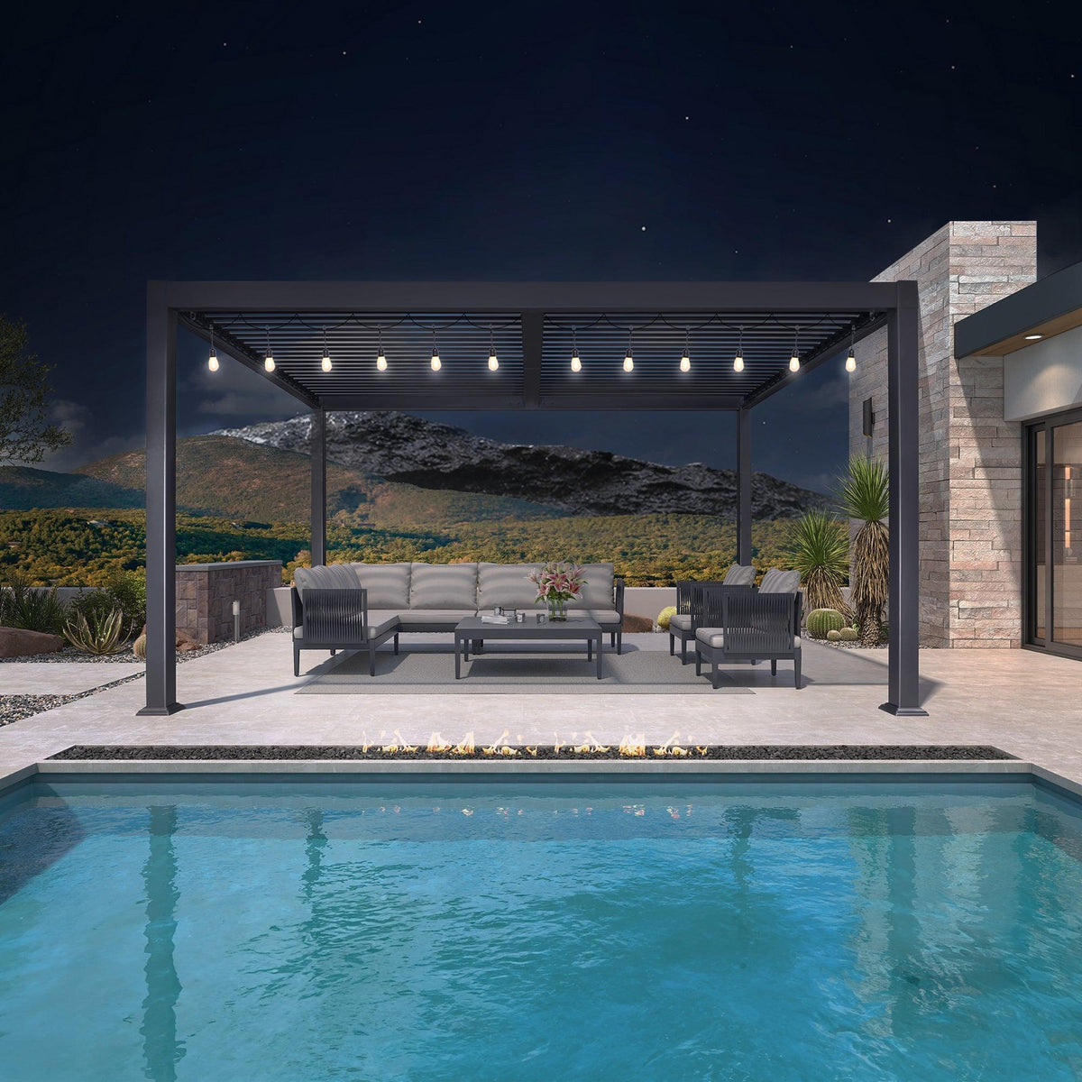 PURPLE LEAF Caesar Louvered Pergola with Milky String Lights Patio Aluminum Pergola with Independent Adjustable Rainproof Roof Hardtop Pergola for Outdoor Deck Garden Yard — product view 4