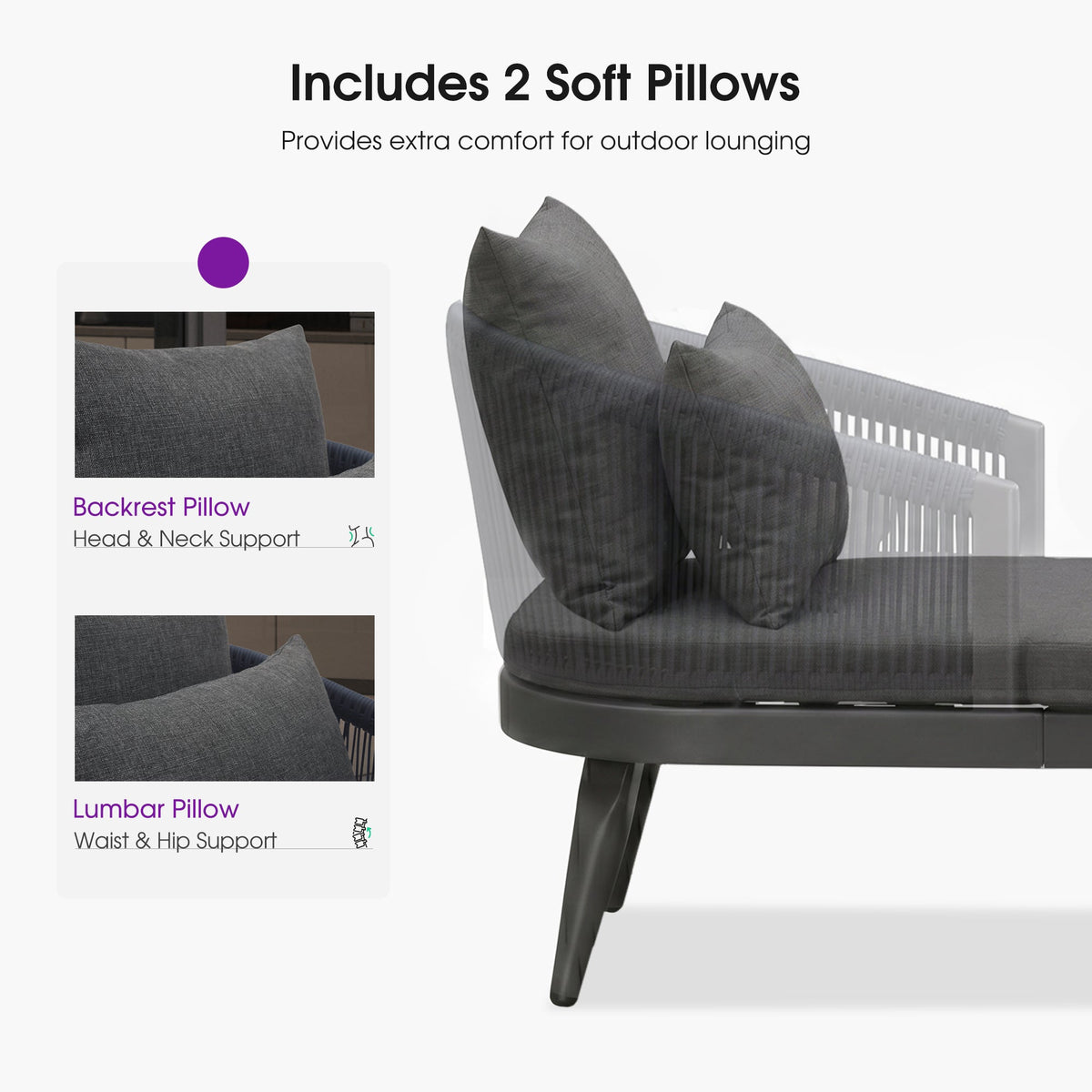 PURPLE LEAF Patio Chaise Lounge Elegant Aluminum Outdoor Lounge Chair with Pillow & Lumbar Support PE Rattan Backrest All Weather for Lawn Beach Backyard — product view 6
