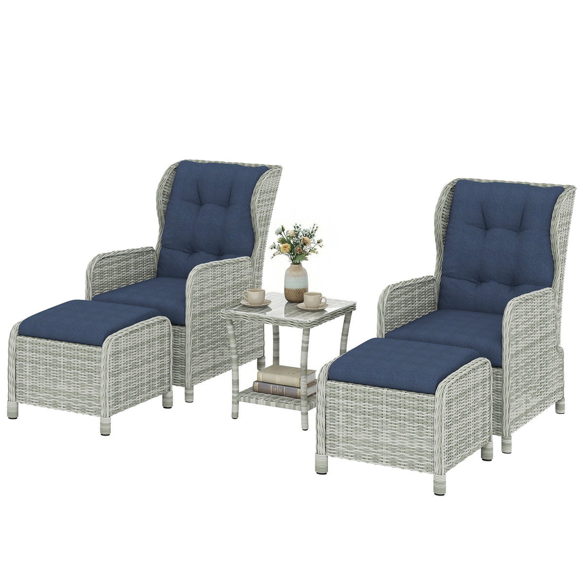 5 Piece Rattan Reclining Chair Set with Footstool and Glass Table, Dark Blue — product view 2