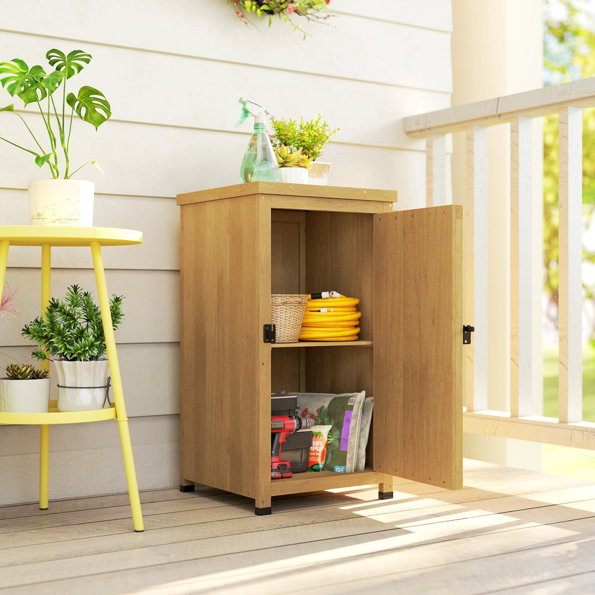 Wooden Garden Shed with Galvanised Top, Shelf and Door, Light Brown — product view 3