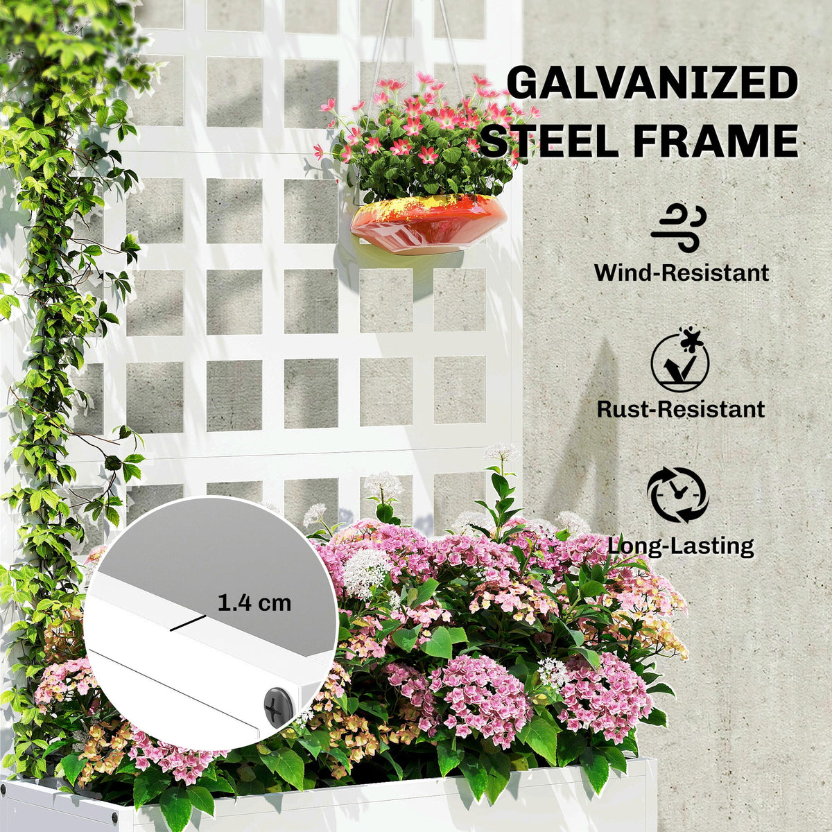 24" x 9" x 44.5" Raised Garden Bed with Trellis and Drainage, White — product view 6