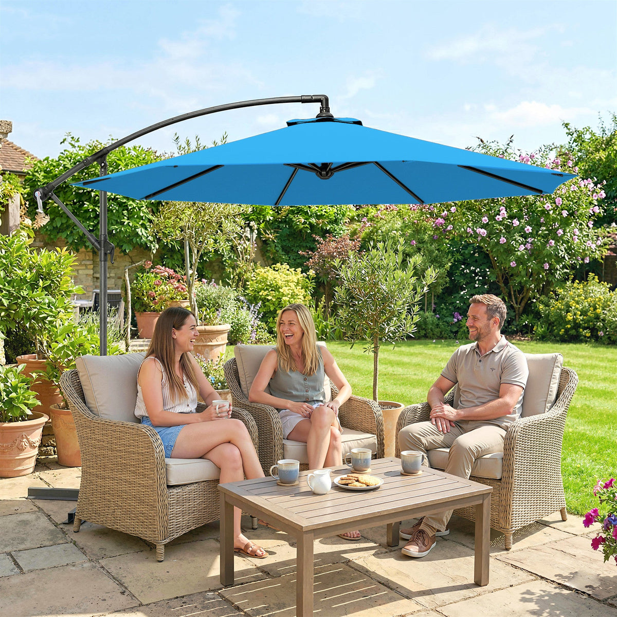 3 m Cantilever Parasol with Cross Base and Crank Handle, Blue — product view 3