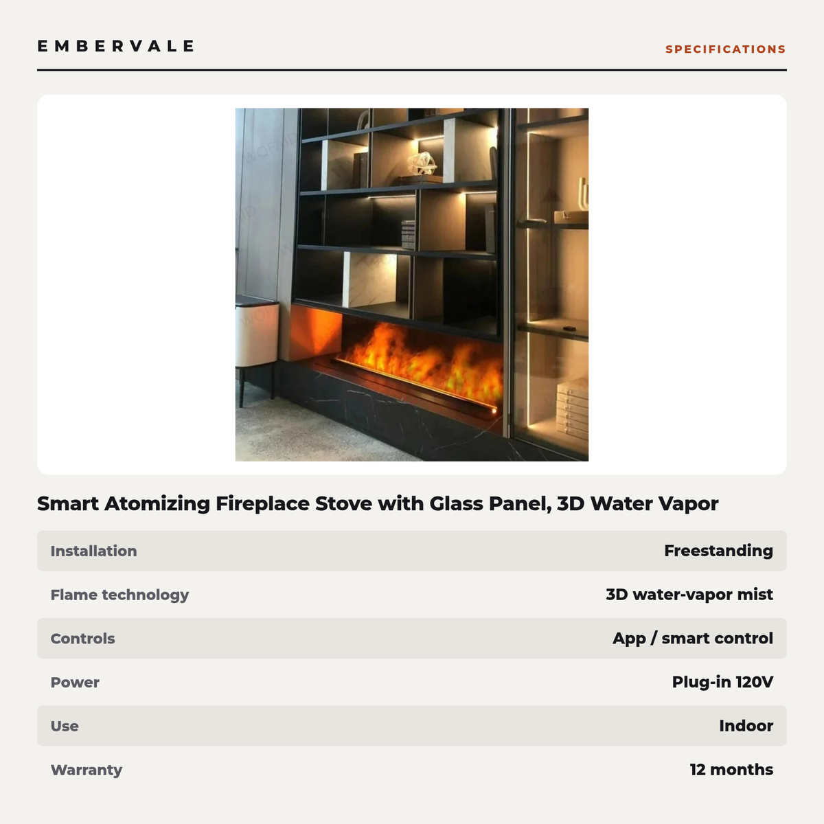 Smart Atomizing Fireplace Stove with Glass Panel, 3D Water Vapor Freestanding Electric Stove for Living Room — product view 3