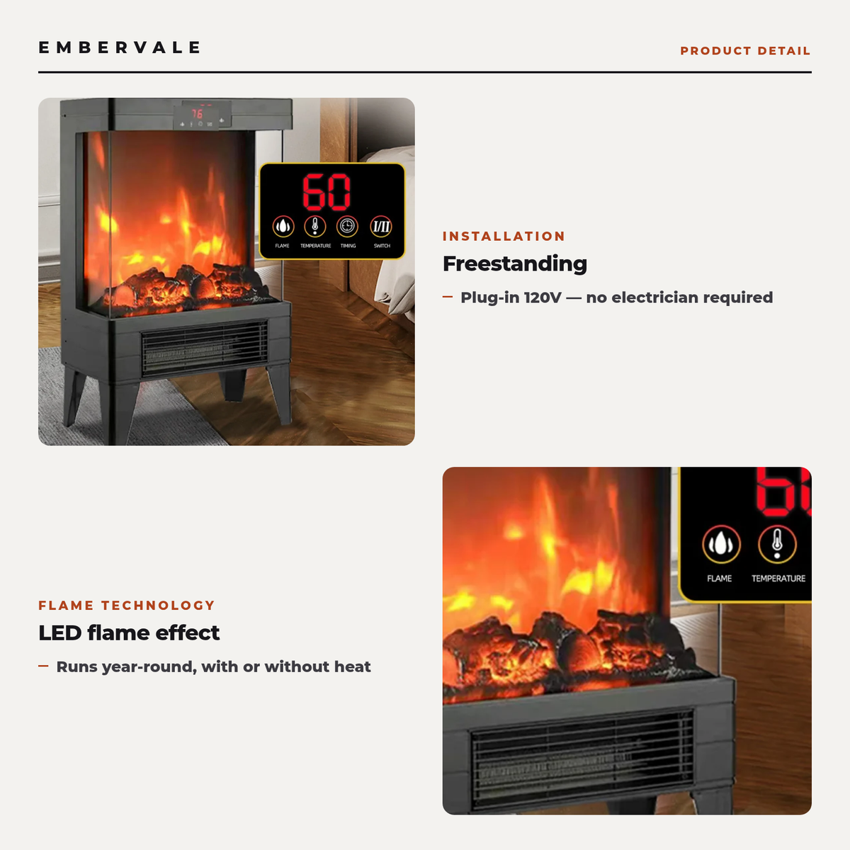Freestanding 3D Flame Electric Fireplace Heater, Smokeless Indoor Fireplace Stove with Fast Heating Fan — product view 2