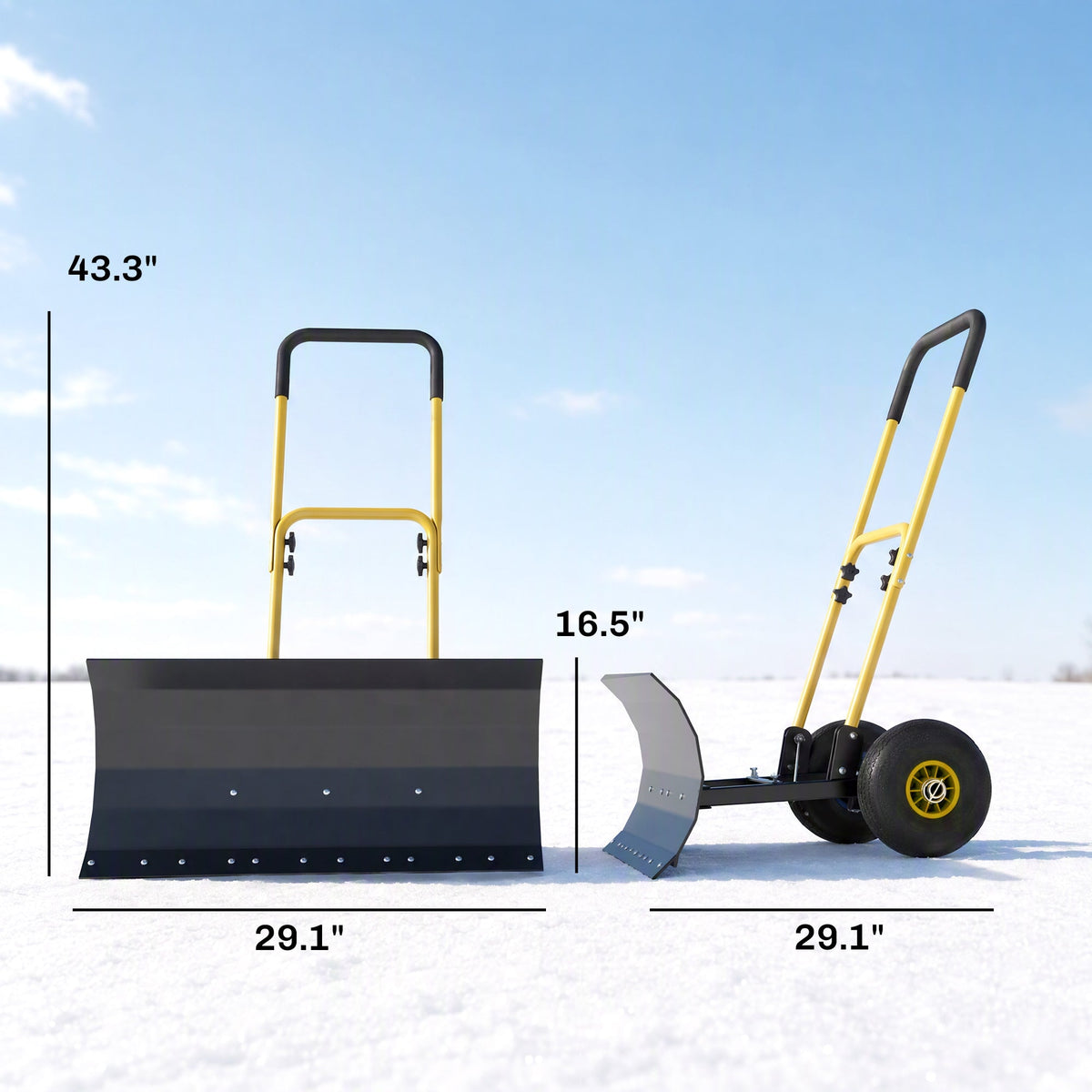 Heavy Duty Metal Snow Pusher with Wheels, 5-level Handle, 29in x 16.5in, Yellow — product view 5