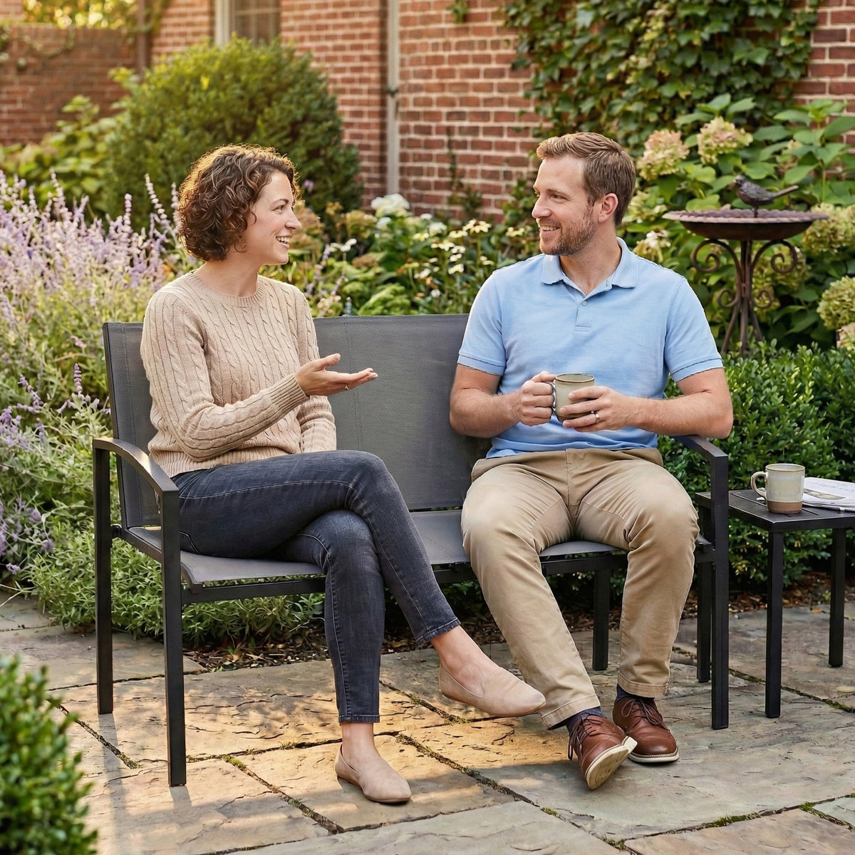 2 Seater Metal Garden Bench with Texteline Seat, Grey — product view 3