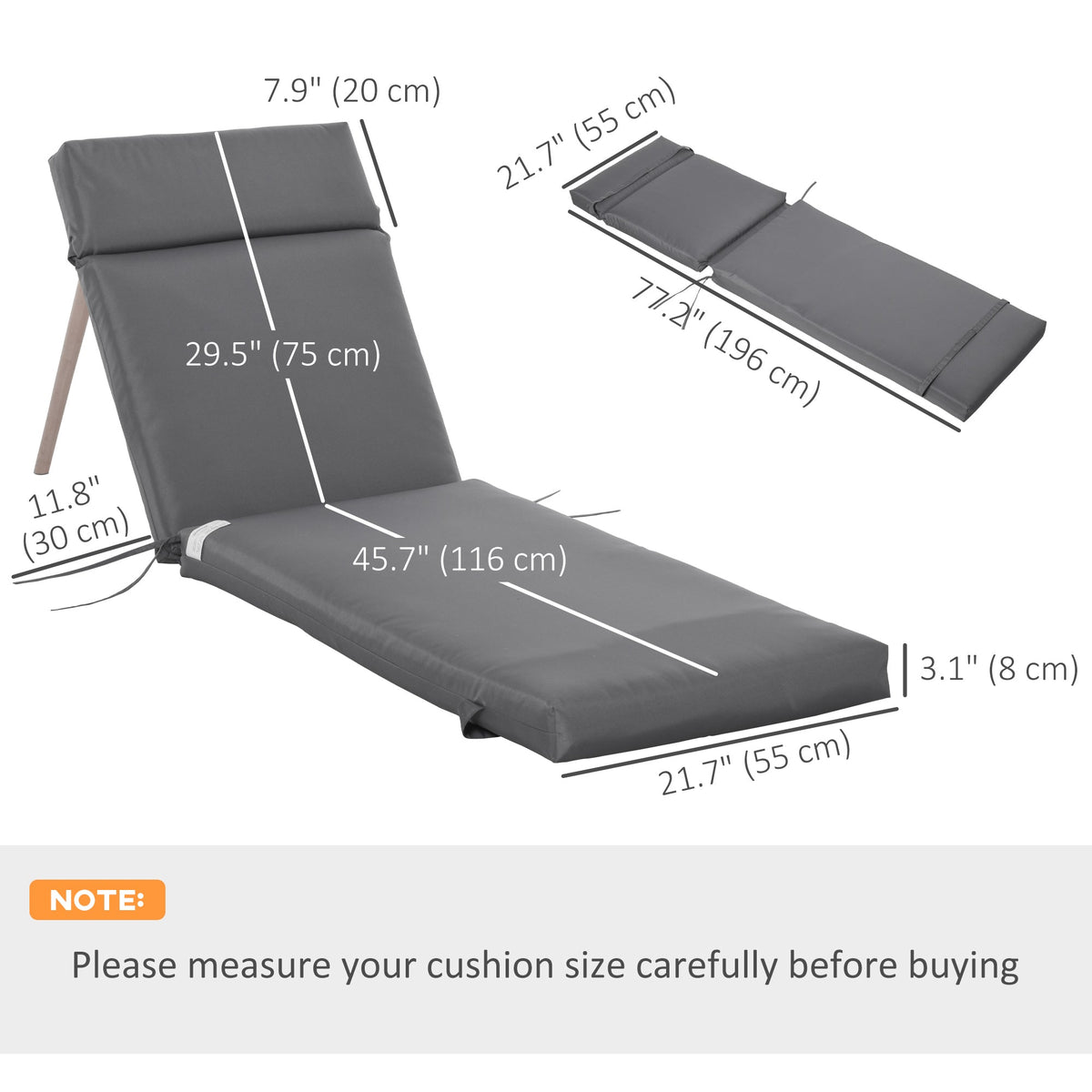 Set of 2 Outdoor Lounge Chair Cushions, 77.2" x 21.7", Dark Grey — product view 5