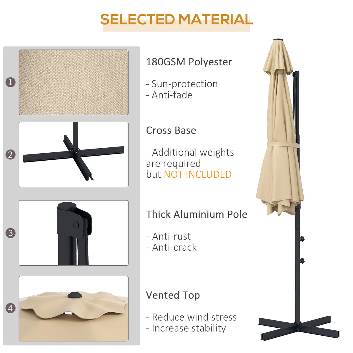 10ft Cantilever Patio Umbrella with 360° Rotation and Tilt, Khaki — product view 6