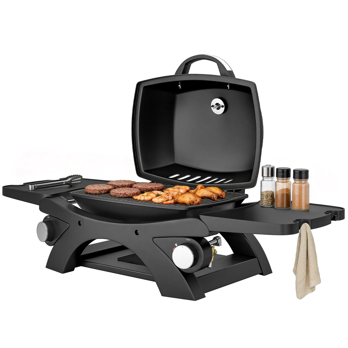 2 Burner Gas Grill with 2 Side Tables and Cast Iron Grates, Black — product view 2
