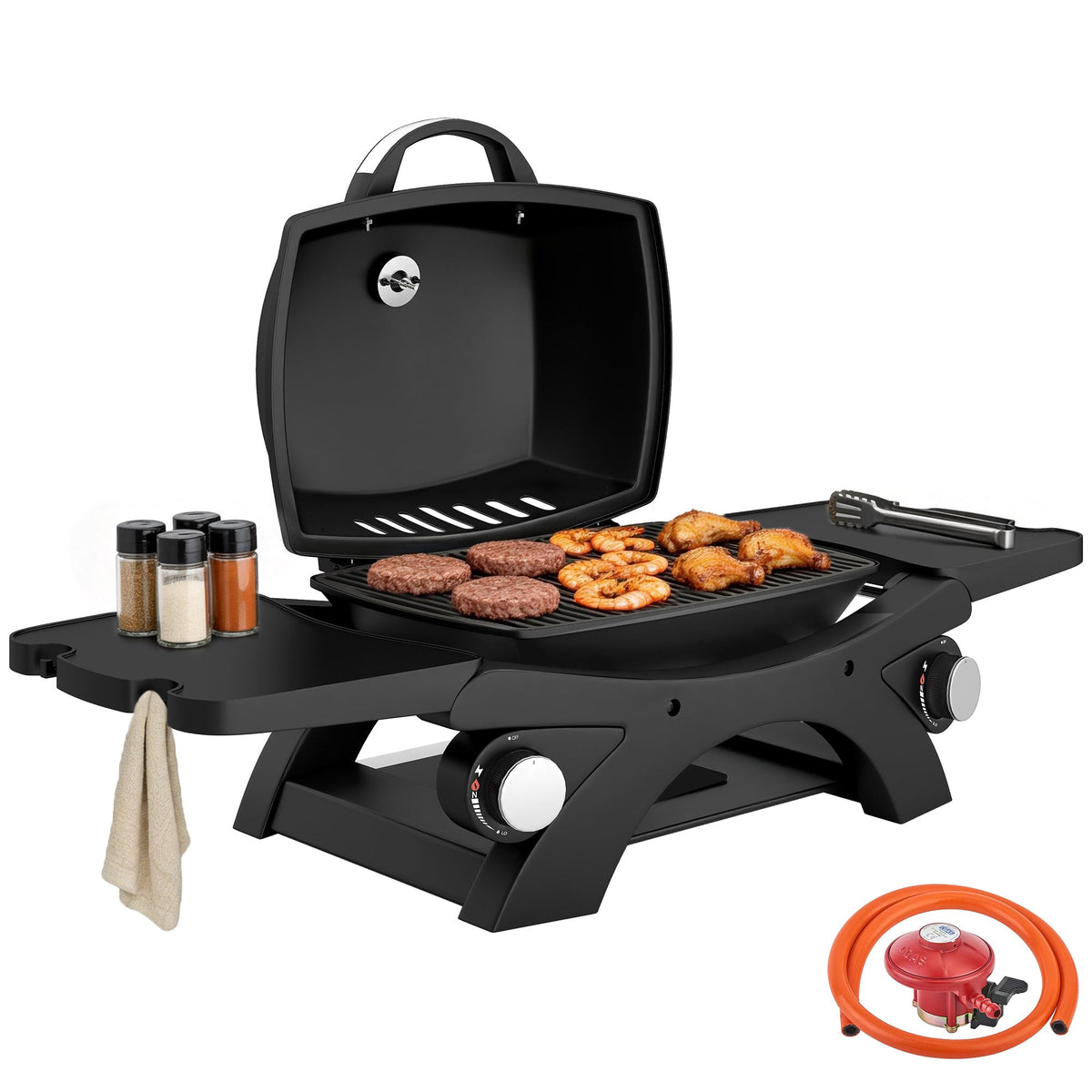 2 Burner Gas Grill with 2 Side Tables and Cast Iron Grates, Black — product view 1