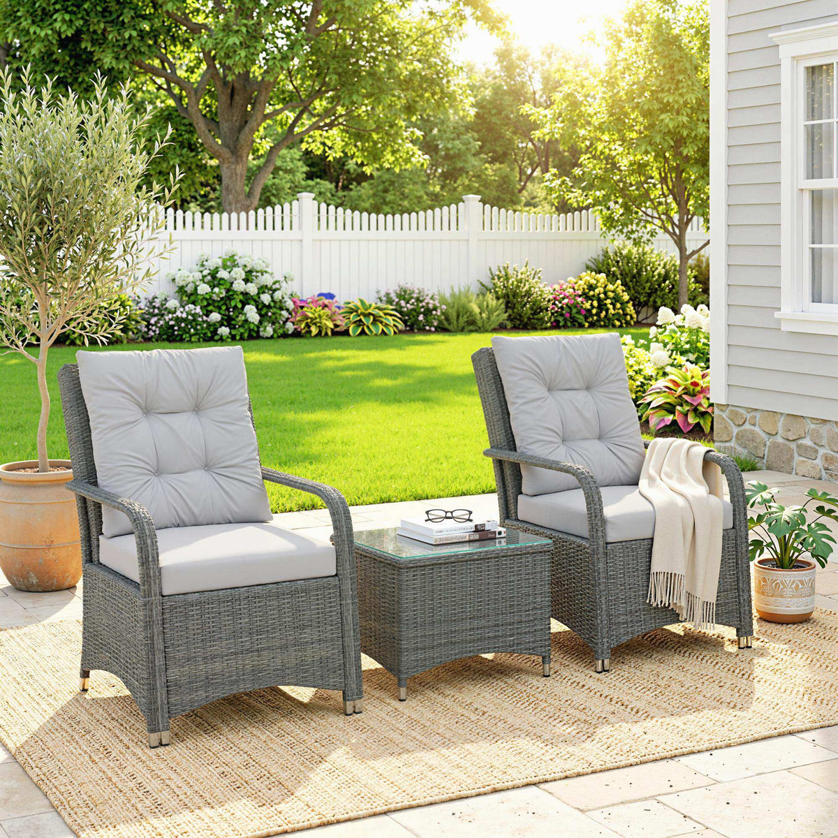 3-Piece Rattan Bistro Set with Metal Frame, Glass Table and Cushions, Light Grey — product view 3