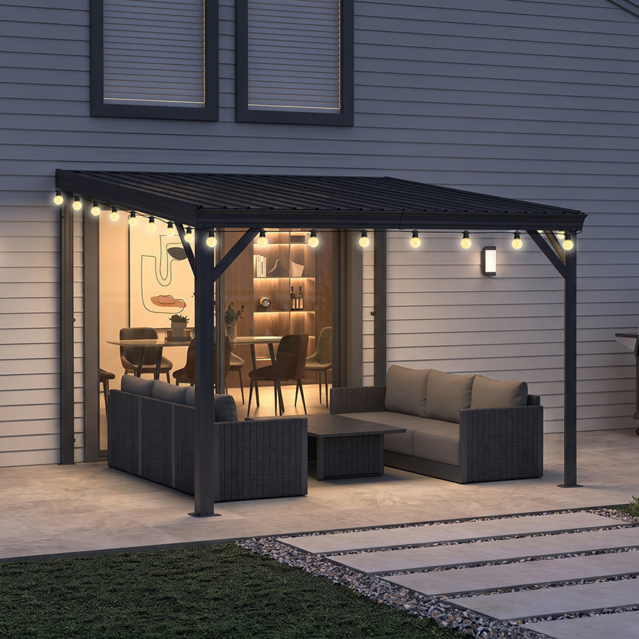 PURPLE LEAF Lean to Gazebo Metal Roof Patio Cover Built-in Drain Slots Wall Mounted Gazebo with Lights-clear for Outdoor Extension — product view 4