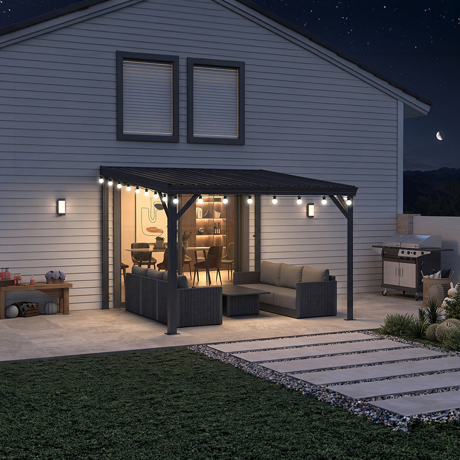 PURPLE LEAF Lean to Gazebo Metal Roof Patio Cover Built-in Drain Slots Wall Mounted Gazebo with Lights-milky for Outdoor Extension — product view 1