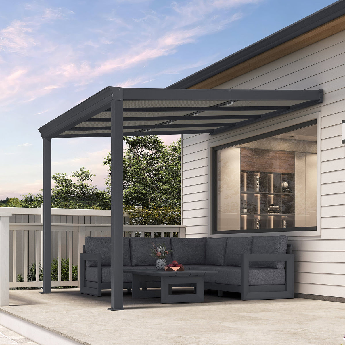 PURPLE LEAF Wall Mounted Gazebo with Gray Polycarbonate Roof Aluminum Frame Patio Cover with Retractable Pleated Shades for Porch — product view 4