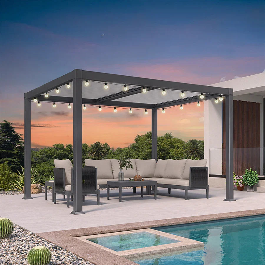 PURPLE LEAF Caesar Louvered Pergola with String Lights Patio Aluminum Pergola with Independent Adjustable Rainproof Roof With Yellow Lights — product view 1