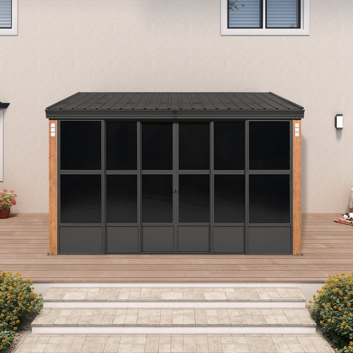 PURPLE LEAF Wall Mounted Sunroom Galvanized Steel Sloped Roof Lean-to Gazebo Aluminum Grey Frame Wood Grain Columns for Outdoor Home Extension with String Lights — product view 4