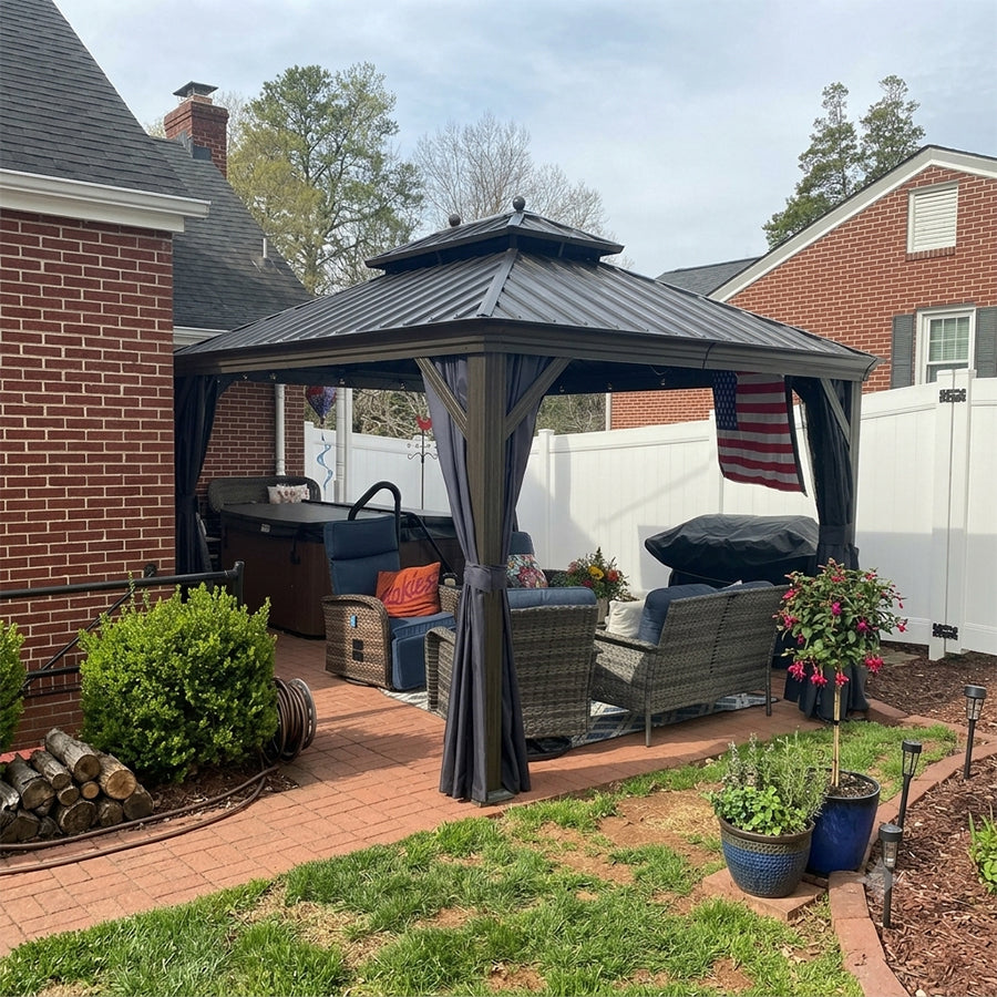 PURPLE LEAF Outdoor Hardtop Gazebo for Patio Bronze Aluminum Frame Pavilion with Navy-Blue Curtain and Reinforced Support Rods — product view 2