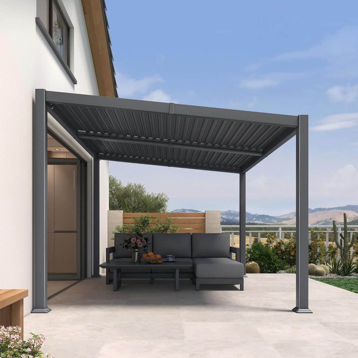 PURPLE LEAF Caesar Hardtop Louvered Pergola, Slanted Roof Outdoor Aluminum Patio Pergola with Adjustable Rainproof Roof, Heavy-Duty Lean to Gazebo for Patios Backyard Deck, Gray — product view 6