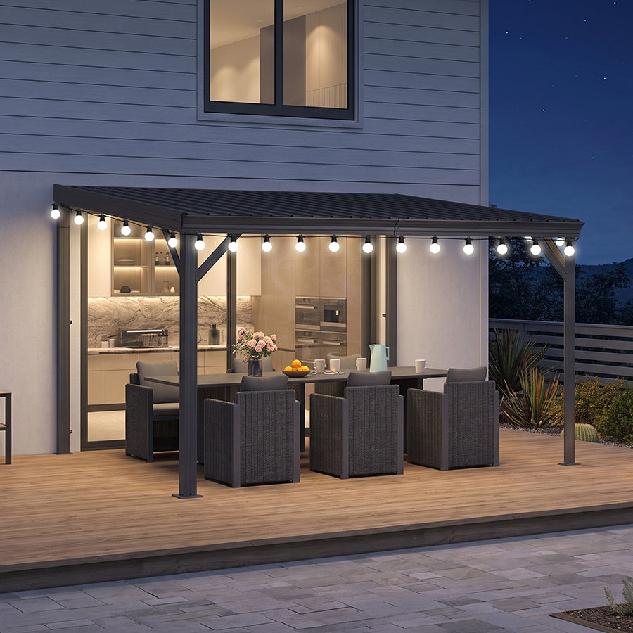 PURPLE LEAF Lean to Gazebo Metal Roof Patio Cover Built-in Drain Slots Wall Mounted Gazebo with Lights-milky for Outdoor Extension — product view 3