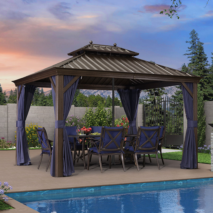 PURPLE LEAF Outdoor Hardtop Gazebo for Patio Bronze Aluminum Frame Pavilion with Navy-Blue Curtain and Reinforced Support Rods — product view 6