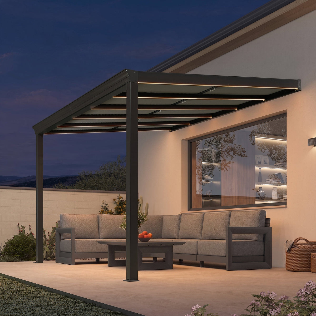 PURPLE LEAF Wall Mounted Gazebo with Gray Polycarbonate Roof Aluminum Frame Patio Cover with Retractable Pleated Shades and LED Strip Light — product view 4
