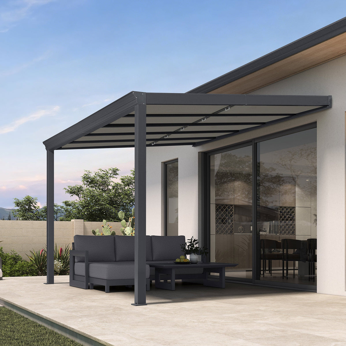 PURPLE LEAF Wall Mounted Gazebo with Gray Polycarbonate Roof Aluminum Frame Patio Cover with Retractable Pleated Shades for Porch — product view 5