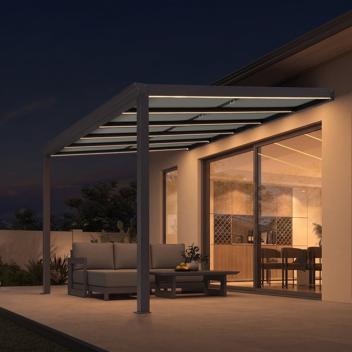 PURPLE LEAF Wall Mounted Gazebo with Gray Polycarbonate Roof Aluminum Frame Patio Cover with Retractable Pleated Shades and LED Strip Light — product view 7
