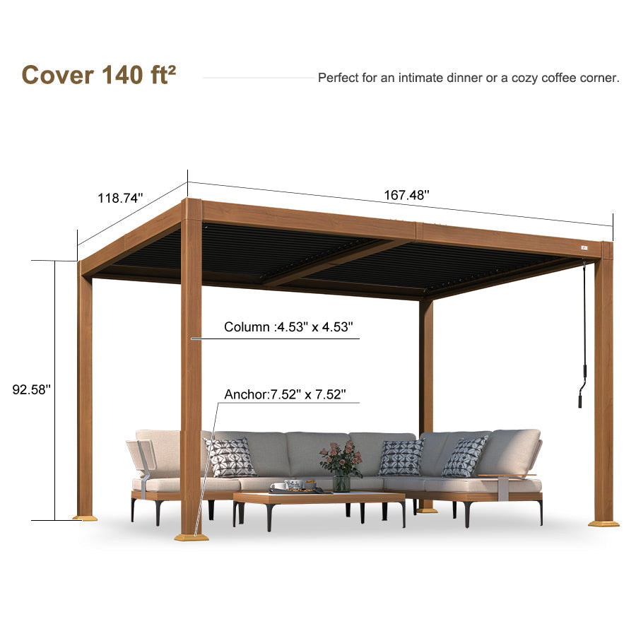 PURPLE LEAF Caesar Louvered Pergola Outdoor Wood Grain Frame Gray Roof Aluminum Pergola with Adjustable Roof Patio Hardtop Gazebo for Backyard Garden — product view 5