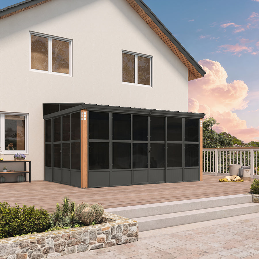 PURPLE LEAF Wall Mounted Sunroom Galvanized Steel Sloped Roof Lean-to Enclosed Aluminum Grey Frame Wood Grain Columns for Outdoor Home Extension — product view 4