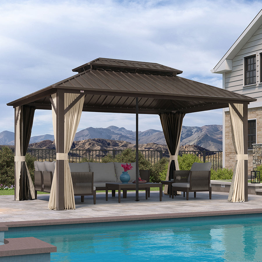PURPLE LEAF Hardtop Gazebo Featuring Galvanized Steel Double Roof and Bronze Aluminum Frame with Curtains Netting and Reinforcement Support Rods — product view 4